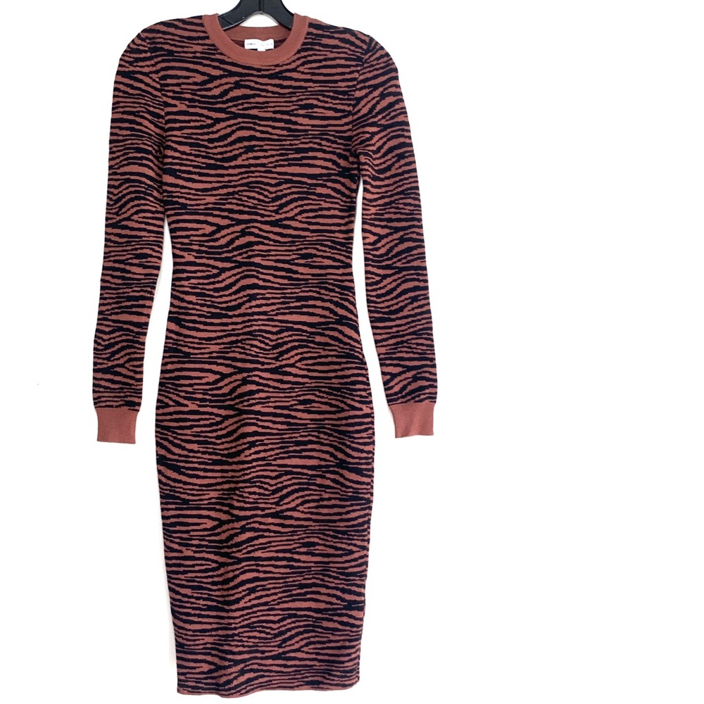 Express x Negin Mirsalehi Zebra Print Crewneck Fitted Midi Sweater Dress